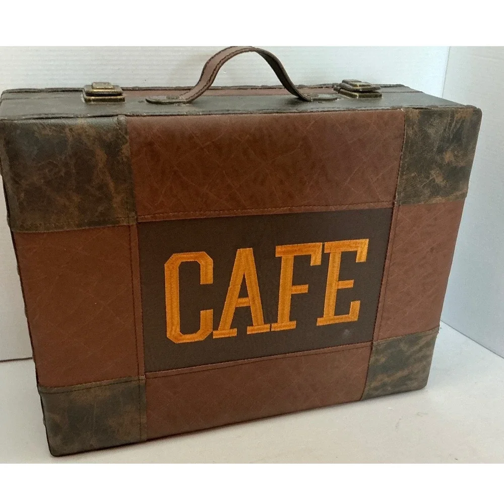 Vintage Style Cafe Storage Trunk Brown Faux Leather Patchwork Box Large